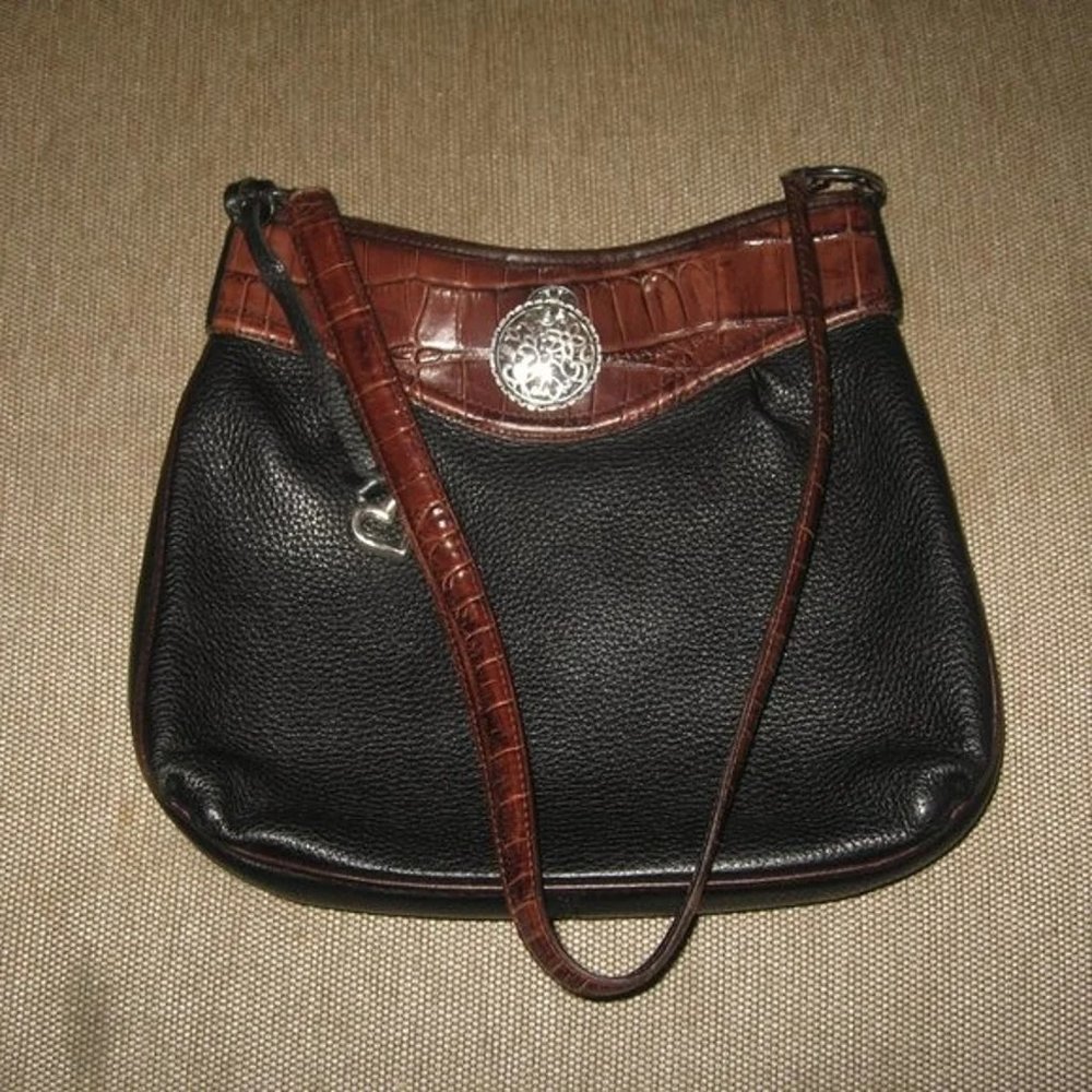 ❤️BRIGHTON BROWN CROC / BLACK Leather Hobo Purse Brighton +Heart Fob Hangtag